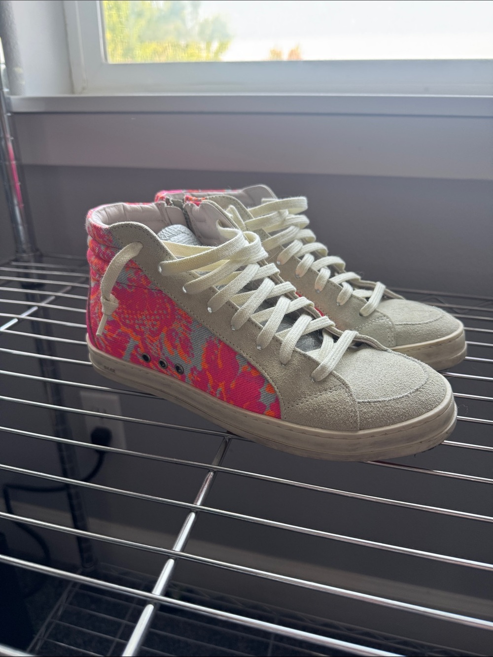 P448 Women's Cream High-Top Sneakers with Pink Floral Panels